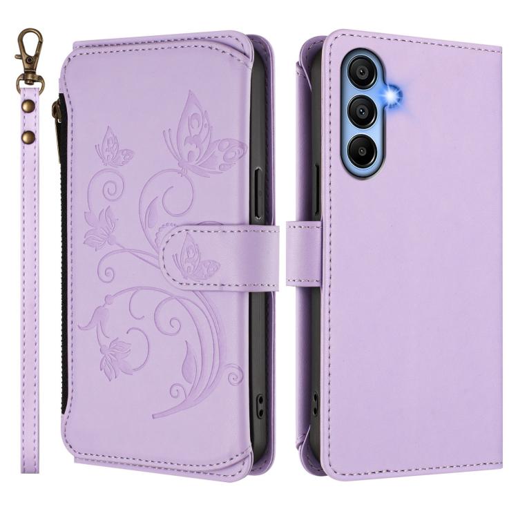 Funda de cuero con cremallera para Samsung Galaxy A15 4G/5G, diseño de mariposas, flores y amor, con múltiples tarjetas (morado claro)