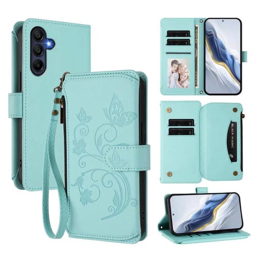 Funda de cuero con cremallera para Samsung Galaxy A16 4G/5G, diseño de mariposas, flores y amor, con múltiples tarjetas (verde menta)