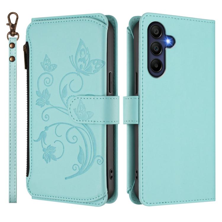 Funda de cuero con cremallera para Samsung Galaxy A16 4G/5G, diseño de mariposas, flores y amor, con múltiples tarjetas (verde menta)