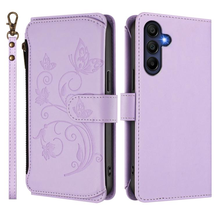 Funda de cuero con cremallera para Samsung Galaxy A16 4G/5G, diseño de mariposas, flores y amor, con múltiples tarjetas (morado claro)
