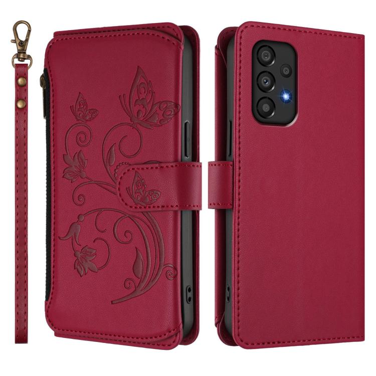 Funda de cuero con cremallera para Samsung Galaxy A33 5G, diseño de mariposas, flores y amor, con múltiples tarjetas (rojo vino)