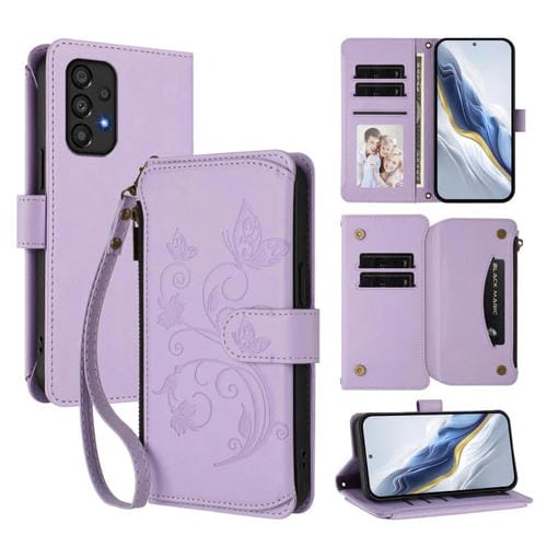 Funda de cuero con cremallera para Samsung Galaxy A33 5G, diseño de mariposas, flores y amor, con múltiples tarjetas (morado claro)