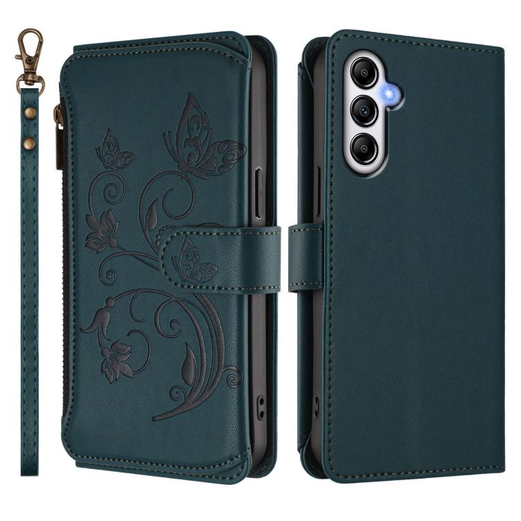 Funda de cuero con cremallera para Samsung Galaxy A34 5G, diseño de mariposas, flores y mariposas (verde oscuro)