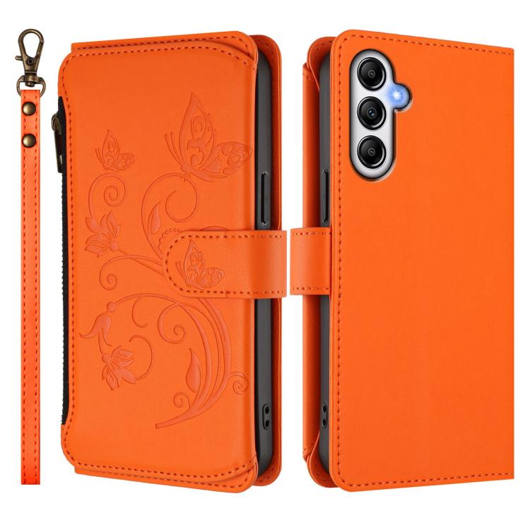Funda de cuero con cremallera para Samsung Galaxy A35 5G, diseño de mariposas, flores y amor, con múltiples tarjetas (naranja)