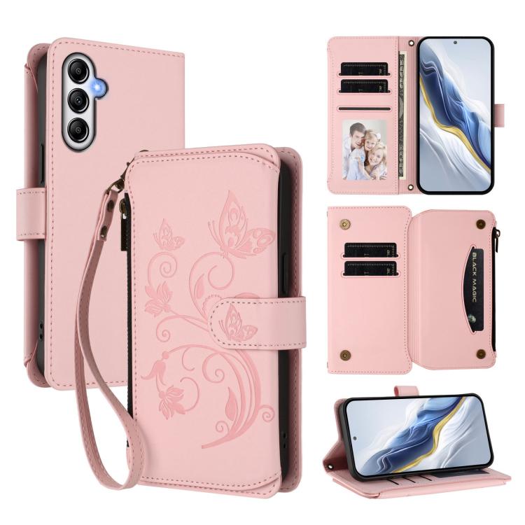 Funda de cuero con cremallera para Samsung Galaxy A35 5G, diseño de mariposas, flores y amor, con múltiples tarjetas (rosa)