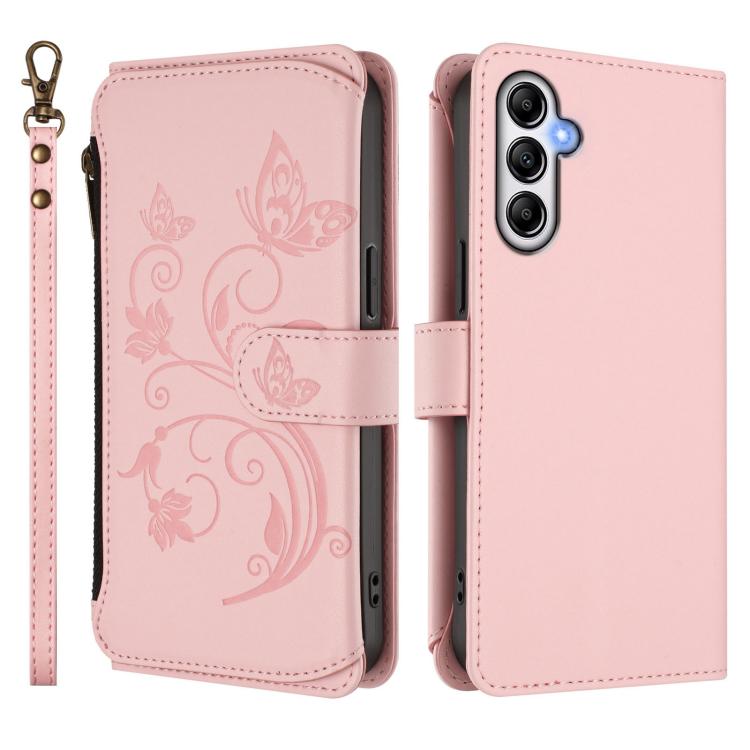 Funda de cuero con cremallera para Samsung Galaxy A35 5G, diseño de mariposas, flores y amor, con múltiples tarjetas (rosa)