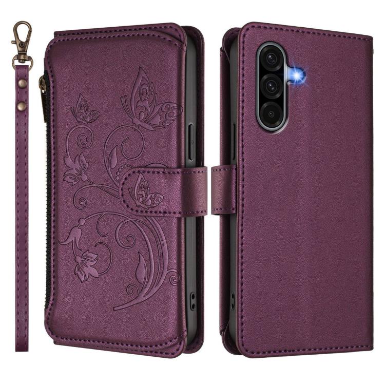 Funda de cuero con cremallera para Samsung Galaxy A36 5G / A56 5G, diseño de mariposas, flores y amor, con múltiples tarjetas (morado oscuro)