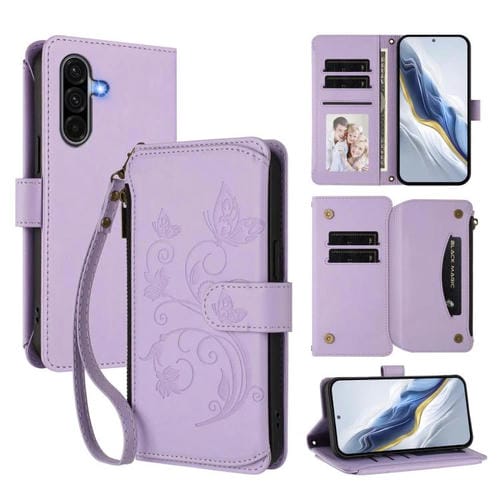 Funda de cuero con cremallera para Samsung Galaxy A36 5G / A56 5G, diseño de mariposas, flores y amor, con múltiples tarjetas (morado claro)