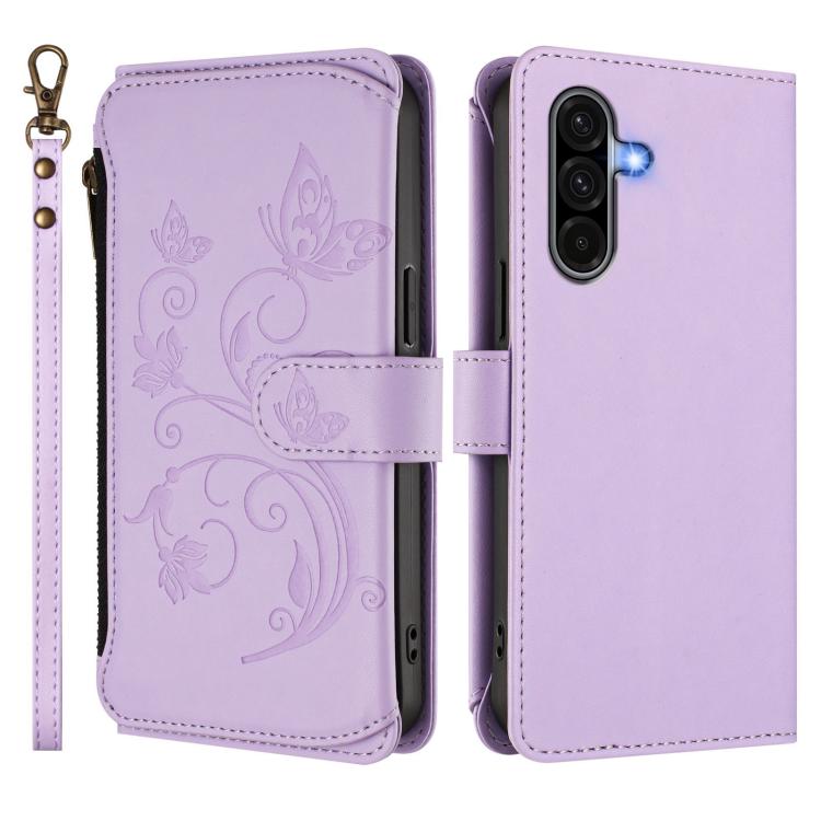 Funda de cuero con cremallera para Samsung Galaxy A36 5G / A56 5G, diseño de mariposas, flores y amor, con múltiples tarjetas (morado claro)