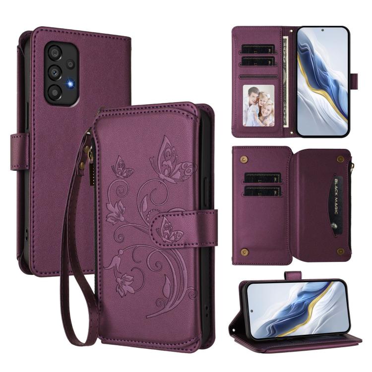 Funda de cuero con cremallera para Samsung Galaxy A53 5G, diseño de mariposas, flores y amor, con múltiples tarjetas (morado oscuro)