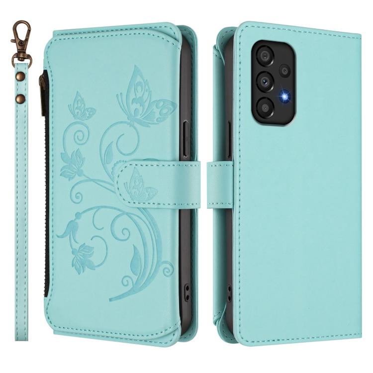 Funda de cuero con cremallera para Samsung Galaxy A53 5G, diseño de mariposas, flores y amor, con múltiples tarjetas (verde menta)