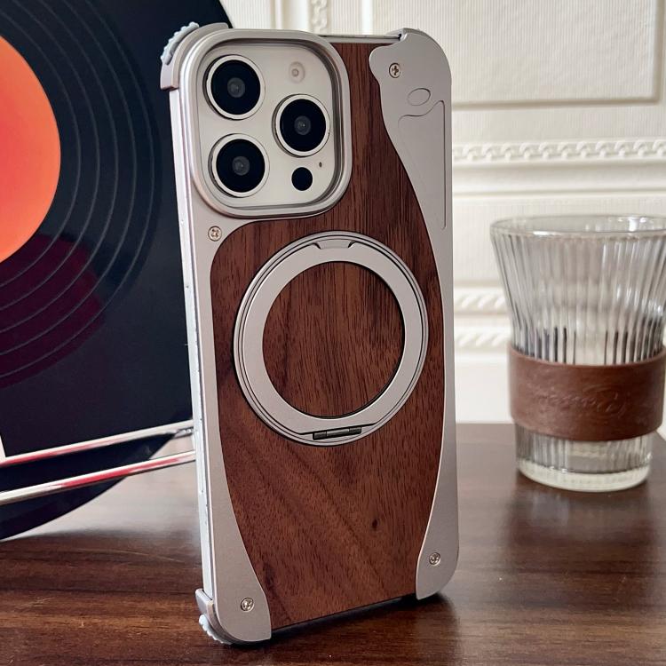 Funda de metal sin marco para iPhone 16 Pro Max, color nogal, con rotación de 360 grados y soporte MagSafe (color titanio)