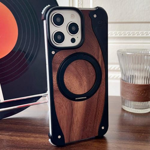 Funda de metal sin marco para iPhone 15 Pro Max, color nogal, con rotación de 360 grados y soporte MagSafe (negro)