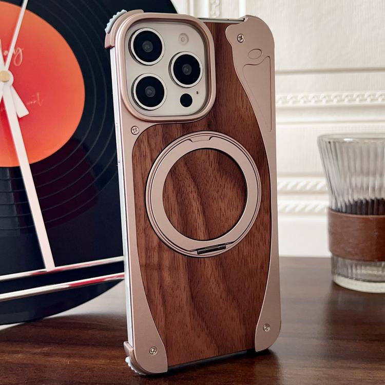 Funda de metal sin marco para iPhone 15 Pro, color nogal, con rotación de 360 grados y soporte MagSafe (dorado postre)