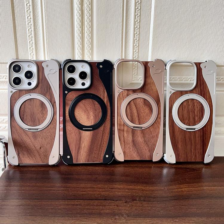 Funda de metal sin marco para iPhone 15 Pro, color nogal, con rotación de 360 grados y soporte MagSafe (dorado postre)