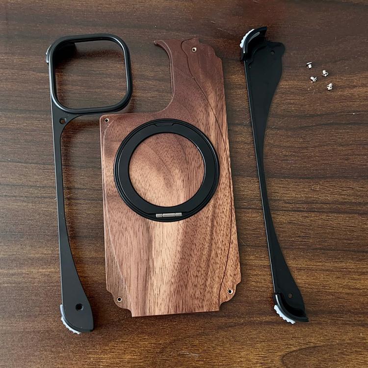 Funda de metal sin marco para iPhone 15 Pro, color nogal, con rotación de 360 grados y soporte MagSafe (negro)