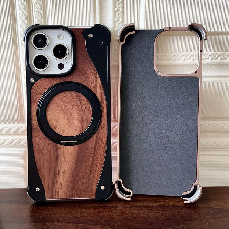 Funda de metal sin marco para iPhone 15 Pro, color nogal, con rotación de 360 grados y soporte MagSafe (color titanio)