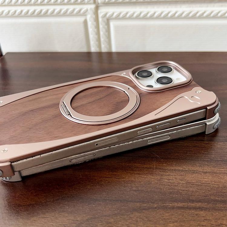 Funda de metal sin marco para iPhone 15 Pro, color nogal, con rotación de 360 grados y soporte MagSafe (plateada)