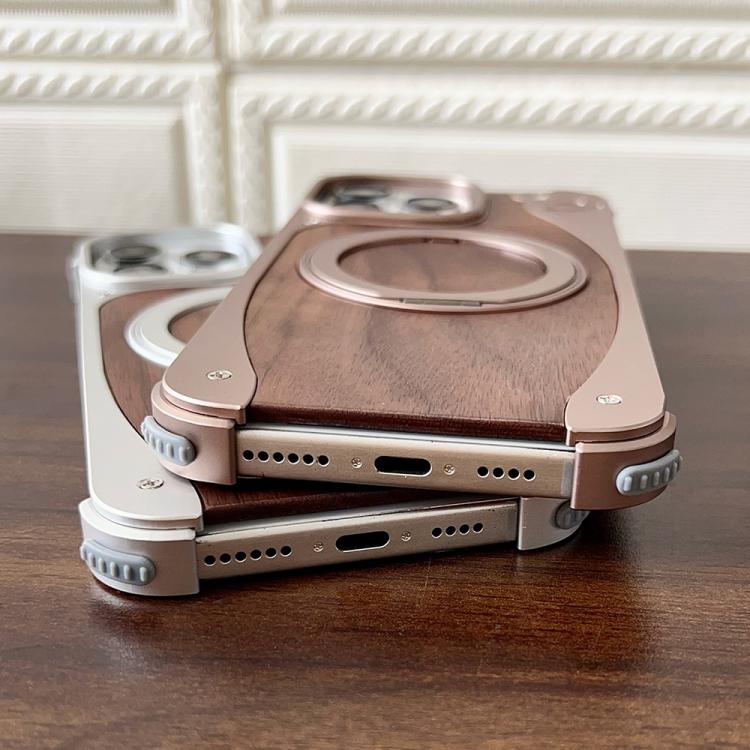 Funda de metal sin marco para iPhone 15 Pro Max, color nogal, con rotación de 360 grados y soporte MagSafe (dorado postre)