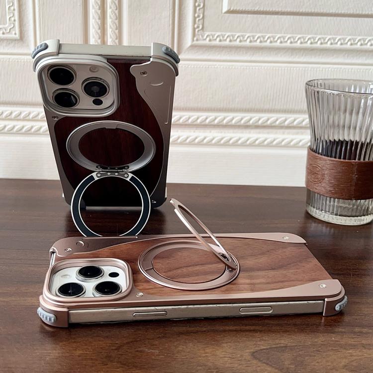 Funda de metal sin marco para iPhone 15 Pro, color nogal, con rotación de 360 grados y soporte MagSafe (plateada)