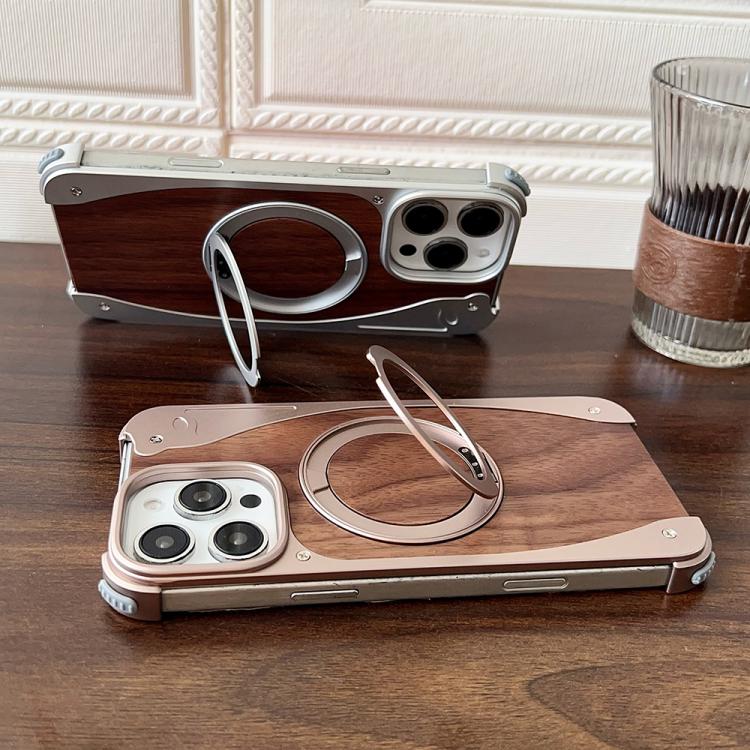Funda de metal sin marco para iPhone 15 Pro Max, color nogal, con rotación de 360 grados y soporte MagSafe (dorado postre)