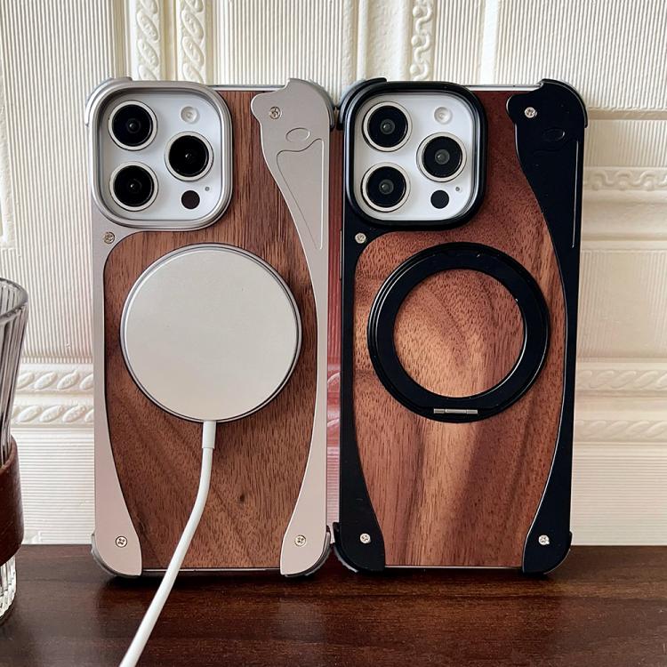 Funda de metal sin marco para iPhone 16 Pro, color nogal, con rotación de 360 grados y soporte MagSafe (plateada)