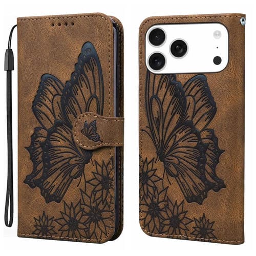 Funda de cuero con tapa horizontal y diseño retro de mariposas en relieve para iPhone 17 Pro Max (marrón)