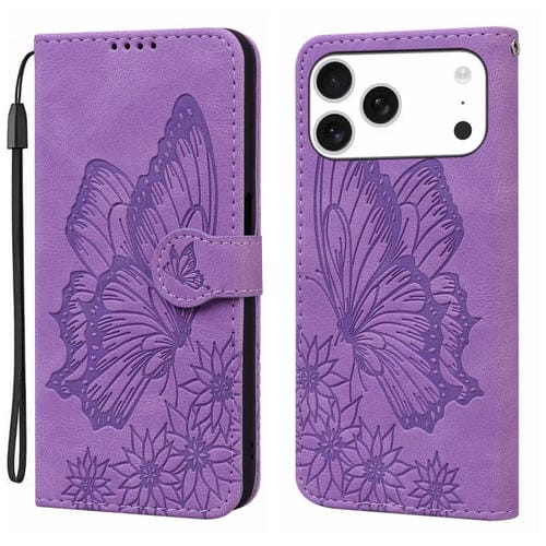 Funda de cuero con tapa horizontal y diseño retro de mariposas en relieve para iPhone 17 Pro Max (morado)