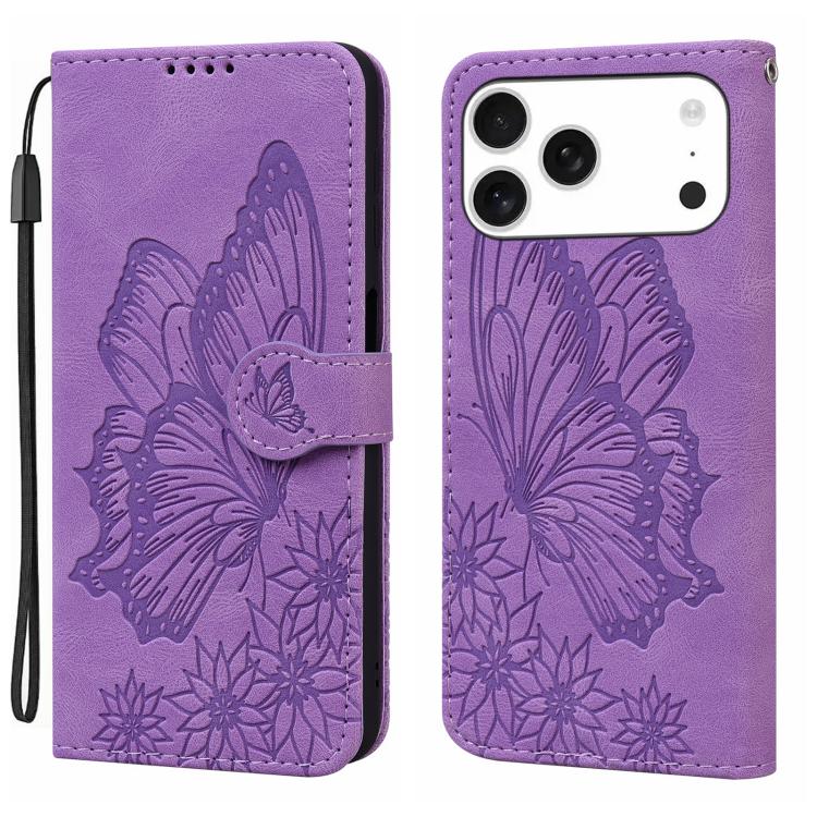 Funda de cuero con tapa horizontal y diseño retro de mariposas en relieve para iPhone 17 Pro Max (morado)