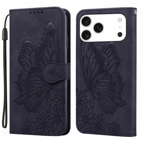 Funda de cuero con tapa horizontal y diseño de mariposas en relieve retro para iPhone 17 Pro (negra)
