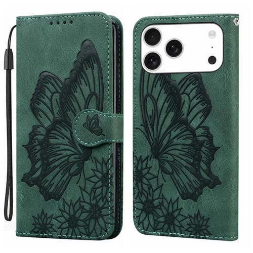 Funda de cuero con tapa horizontal y diseño de mariposas en relieve retro para iPhone 17 Pro (verde)