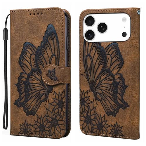 Funda de cuero con tapa horizontal y diseño retro de mariposas en relieve para iPhone 17 Pro (marrón)
