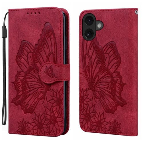 Funda de cuero con tapa horizontal y diseño de mariposas en relieve retro para iPhone 17 (roja)