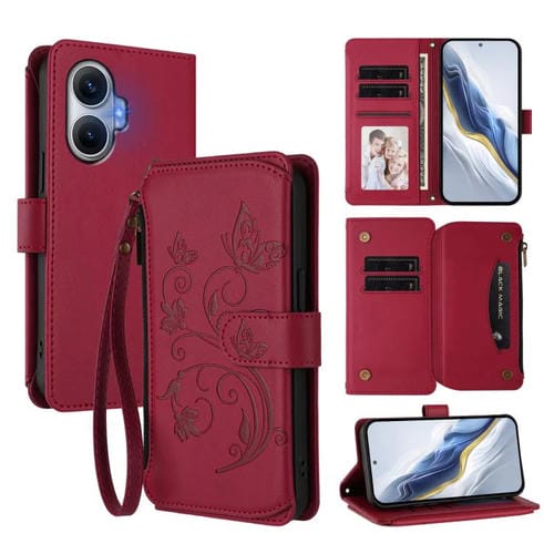 Funda de cuero con cremallera para Redmi Turbo 4 Pro / Xiaomi Poco F7, diseño de mariposas, flores y mariposas (rojo vino)