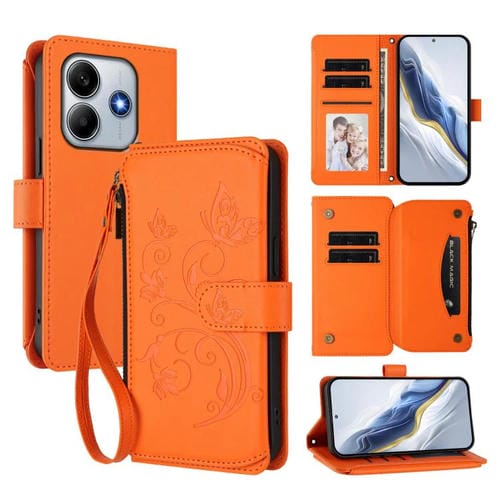 Funda de cuero con cremallera para Redmi Note 14 5G / Xiaomi Poco M7 Pro 5G, diseño de mariposas y flores, con múltiples tarjetas (naranja)