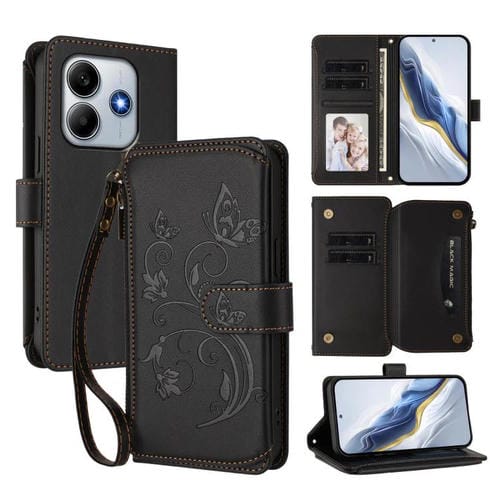 Funda de cuero con cremallera para Redmi Note 14 5G / Xiaomi Poco M7 Pro 5G, diseño de mariposas y flores, con múltiples tarjetas (negro)