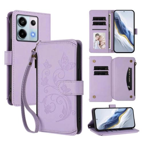 Funda de cuero con cremallera para Redmi Note 13 Pro 5G / Xiaomi Poco X6, diseño de mariposas, flores y mariposas (morado claro)