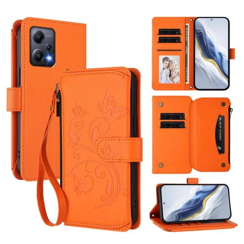 Funda de cuero con cremallera para Redmi Note 12 5G Global / Xiaomi Poco X5, diseño de mariposas, flores y múltiples tarjetas (naranja)