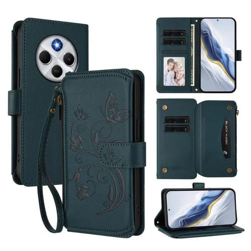 Funda de cuero con cremallera para Redmi A4 5G / A3 Pro / 14C 4G / 14R, diseño de mariposas y flores, con múltiples tarjetas (verde oscuro)