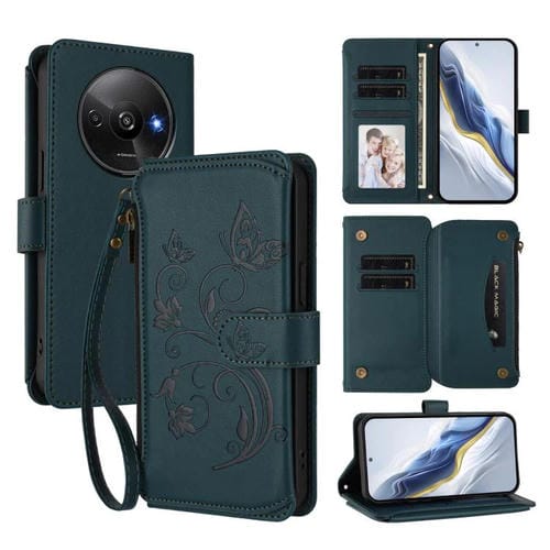 Funda de cuero con cremallera para Redmi A3 / A3x / Xiaomi Poco C61, diseño de mariposas y flores (verde oscuro)