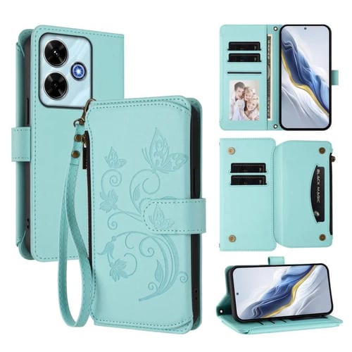 Funda de cuero con cremallera para Redmi 13 4G / 5G / 13x / Xiaomi Poco M6 4G, diseño de mariposas y flores, con múltiples tarjetas (verde menta)