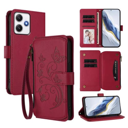 Funda de cuero con cremallera para Redmi 12 4G / 5G / Note 12R, diseño de mariposas, flores y mariposas (rojo vino)