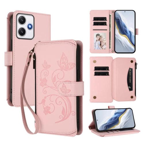 Funda de cuero con cremallera para Redmi 12 4G / 5G / Note 12R, diseño de mariposas y flores, con múltiples tarjetas (rosa)