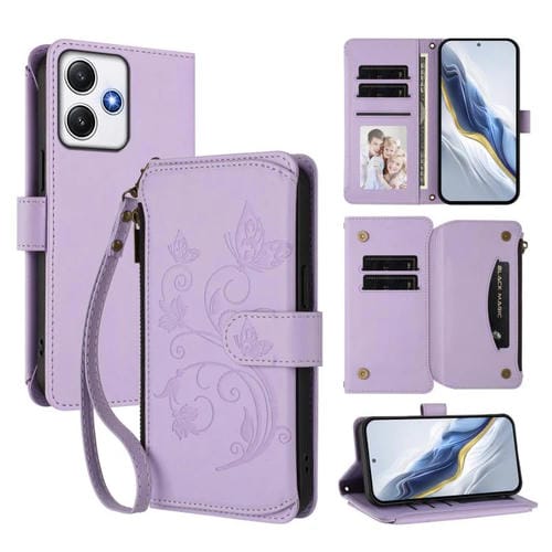 Funda de cuero con cremallera para Redmi 12 4G / 5G / Note 12R, diseño de mariposas, flores y múltiples tarjetas (morado claro)