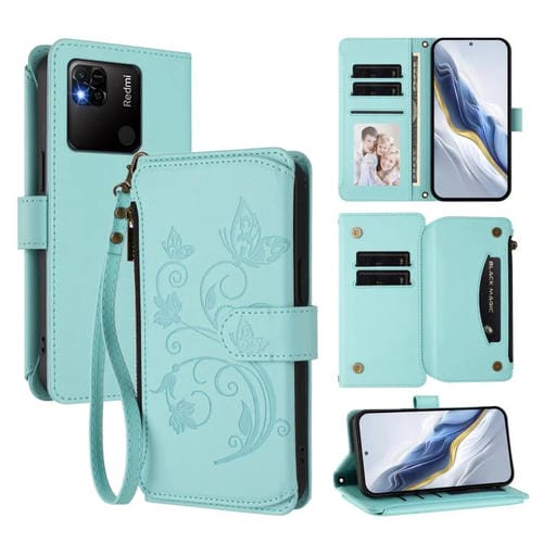 Funda de cuero con cremallera para Redmi 10A/Redmi 9C, diseño de mariposas y flores, con múltiples tarjetas (verde menta)