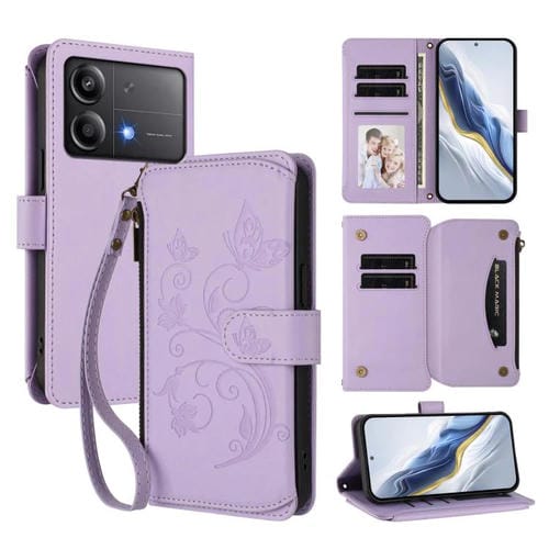 Funda de cuero con cremallera para Xiaomi Poco X6 Neo, diseño de mariposas, flores y mariposas (morado claro)