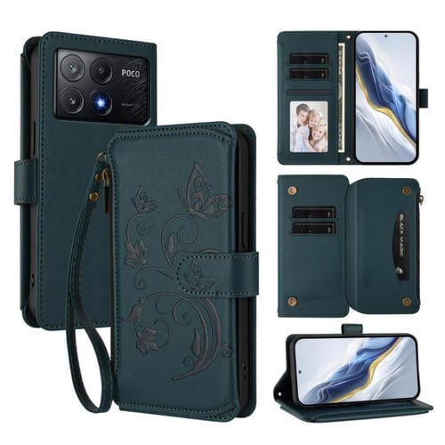 Funda de cuero con cremallera para Xiaomi Poco X6 Pro, diseño de mariposas, flores y mariposas (verde oscuro)