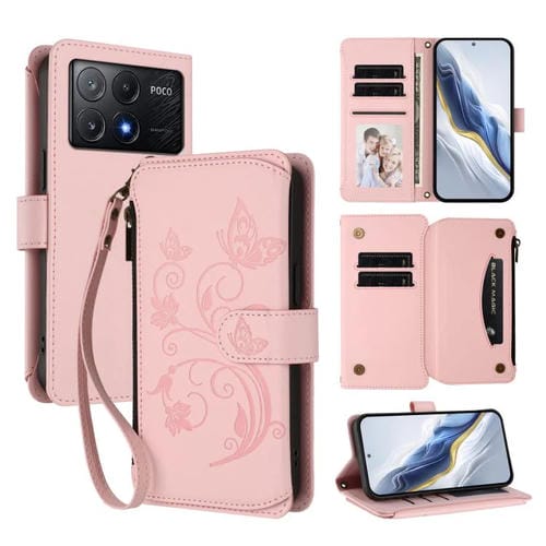 Funda de cuero con cremallera para Xiaomi Poco X6 Pro, diseño de mariposas, flores y mariposas (rosa)