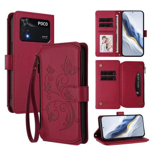 Funda de cuero con cremallera para Xiaomi Poco M4 Pro 4G, diseño de mariposas, flores y múltiples tarjetas (rojo vino)