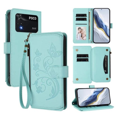 Funda de cuero con cremallera para Xiaomi Poco M4 Pro 4G, diseño de mariposas y flores, con múltiples tarjetas (verde menta)